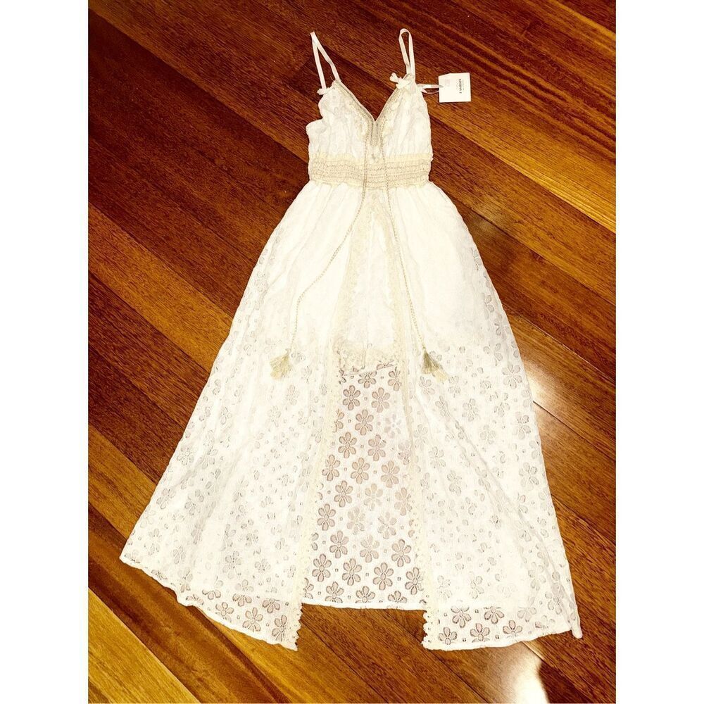 NWT White/Cream/Gold Lace Beach Romper Maxi Dress with Tassels Sz S